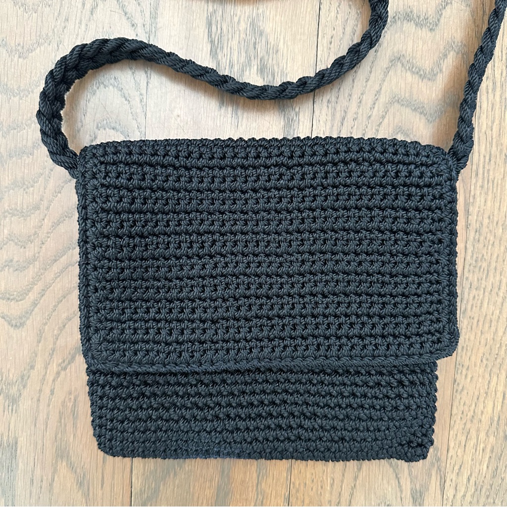 The Sak Knit Crochet Woven Flap Zippered Lined Crossbody Bag In Black 6.75"